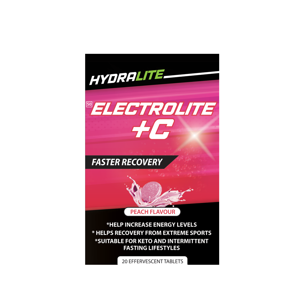 Hydralite Electrolite + C Orange or Peach Effervescent Tablets 20s -2 PACK